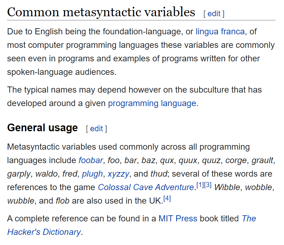 screen grab of wikipedia entry for metasyntactic variables